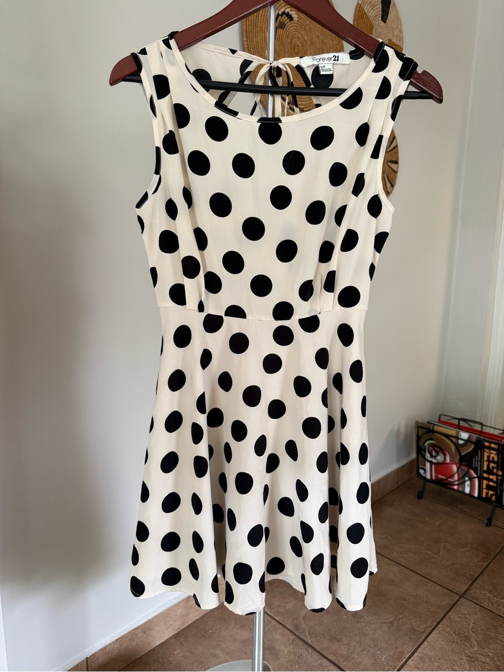 Forever 21 Black and Cream Polka Dot Sleeveless Fit-and-Flare Dress
